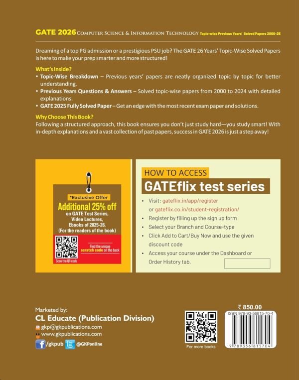 GATE 2026 : Computer Science & Information Technology – 26 Years of Topic-wise Previous Years Solved Papers (2000-2025) | GATE 2025 Fully Solved Paper | With GATEflix Test Series