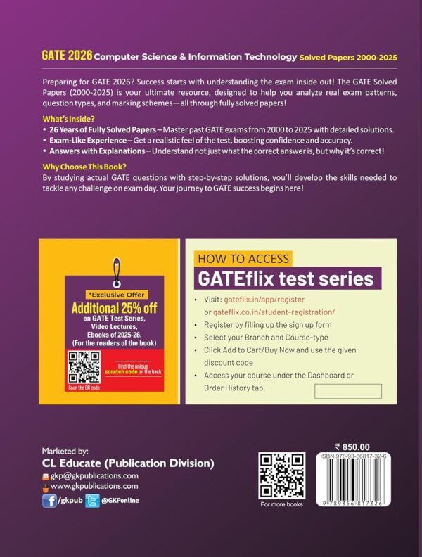 GATE 2026 : Computer Science & Information Technology - 26 Years of Fully Solved Papers (2000-2025) | Answers with Explanations | With GATEflix Test Series